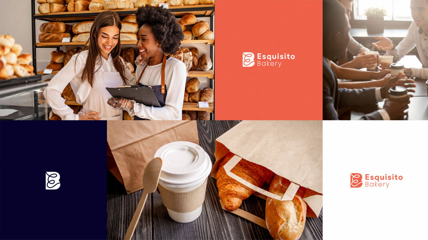 A rebranding image board for Esquisito Bakery showcasing their products and their new logo.