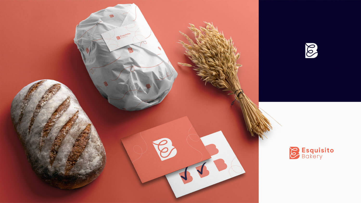 A rebranding image board for Esquisito Bakery showcasing their wrapping, a loaf of bread, business cards, and their new logo.